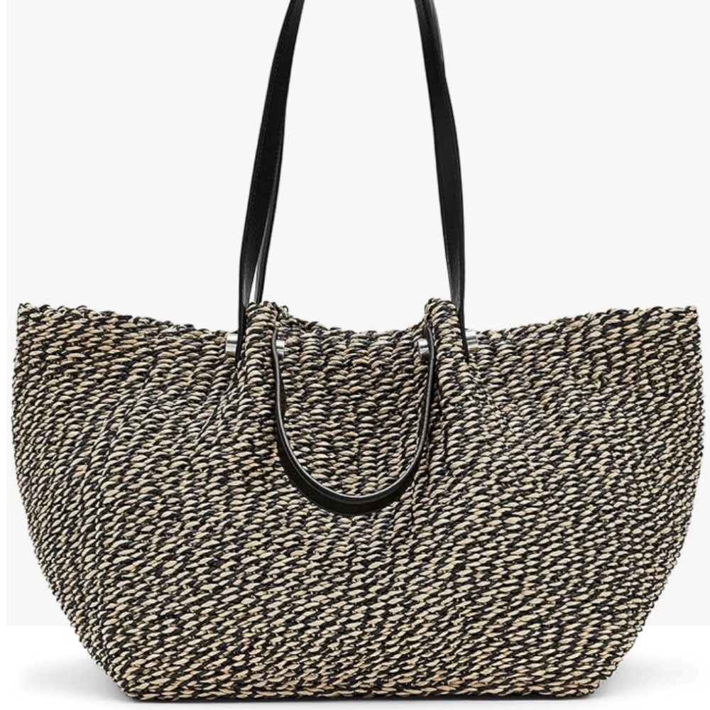 AllSaints Woven Raffia Tote Bag Black & Natural w/ Leather Straps + Pouch